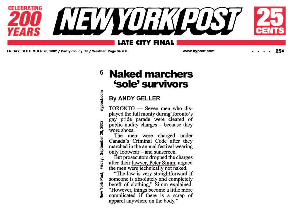 New York Post [NYC] 2002-09-20 p.6 -  Simm convinces prosecutors to drop nudity charges
